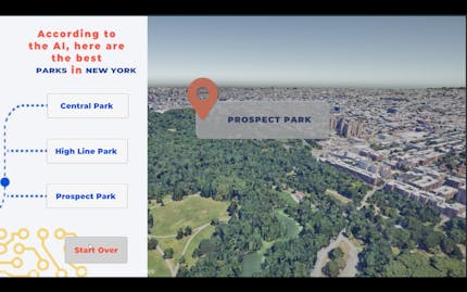 OpenAI listed Central Park, The High Line, and Prospect Park as the top three parks in New York City. The right side of the image shows Google Maps Platform's Photorealistic 3D Tiles of Prospect Park, Courtesy Tosolini Productions.