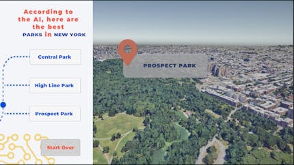 OpenAI listed Central Park, The High Line, and Prospect Park as the top three parks in New York City. The right side of the image shows Google Maps Platform's Photorealistic 3D Tiles of Prospect Park, Courtesy Tosolini Productions.