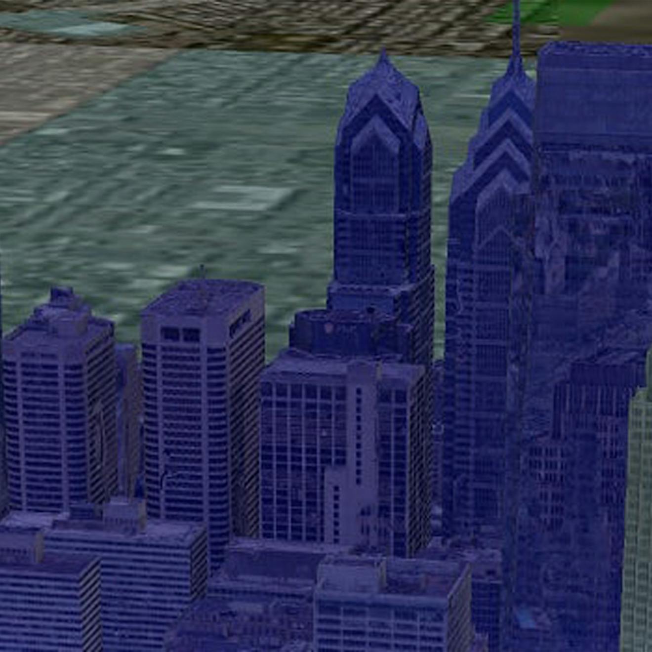 3D tiles heading image showing a 3D model of the Philadelphia skyline with buildings highlighted in purple, gray, and pink