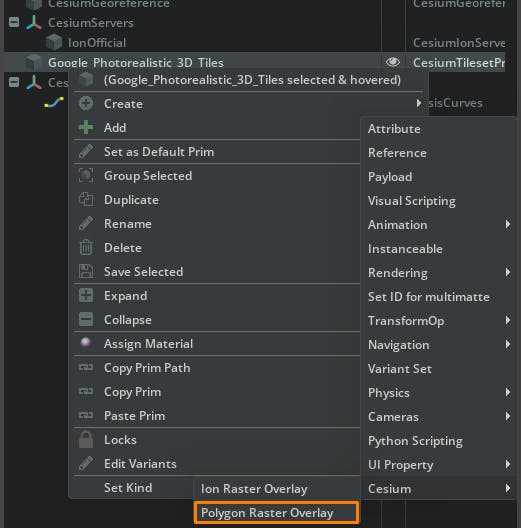 Cesium for Omniverse tutorial: tileset clipping. Right-click the Google_Photorealistic_3D_Tiles prim and select Add > Cesium > Polygon Raster Overlay.