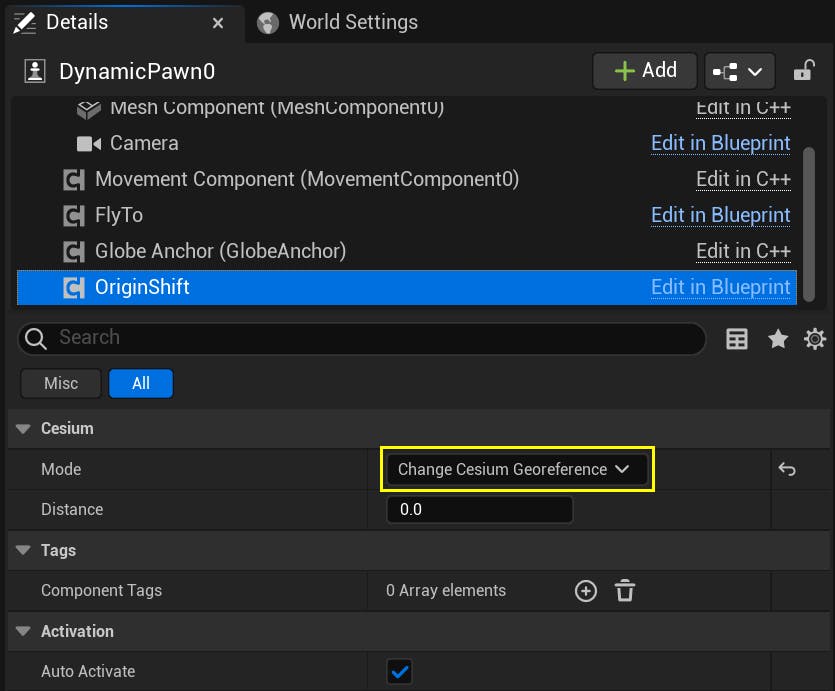 A screenshot of the CesiumOriginShiftComponent Details panel, with the Mode set to "Change Cesium Georeference" highlighted.