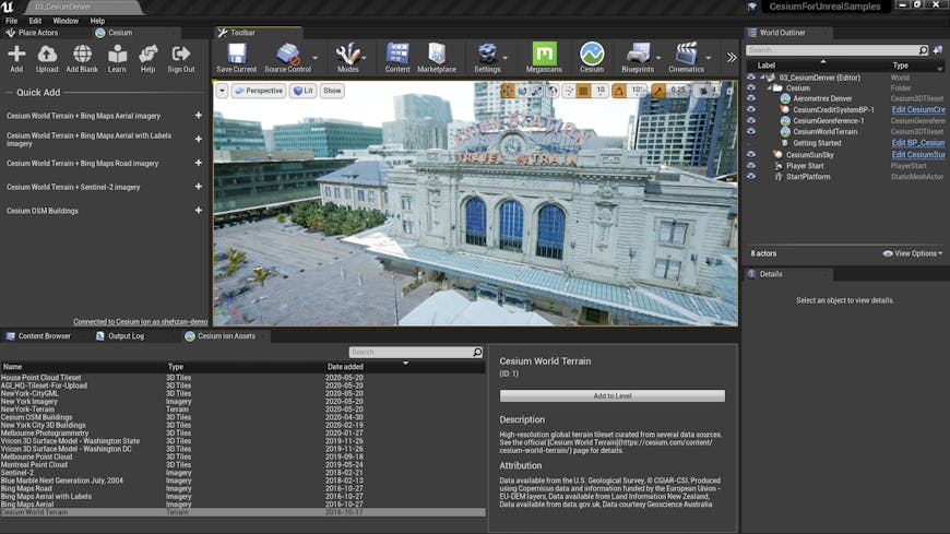 The Unreal Engine project interface, showing Cesium for Unreal listing the assets available on Cesium ion 