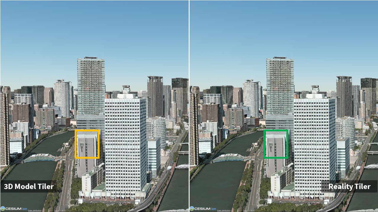 Visual Comparison between 3D Model Tiler (Left) and the new Reality Tiler (Right). Osaka, Japan. 