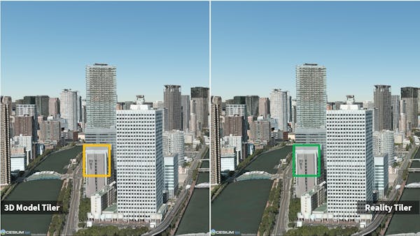 Visual Comparison between 3D Model Tiler (Left) and the new Reality Tiler (Right). Osaka, Japan. 