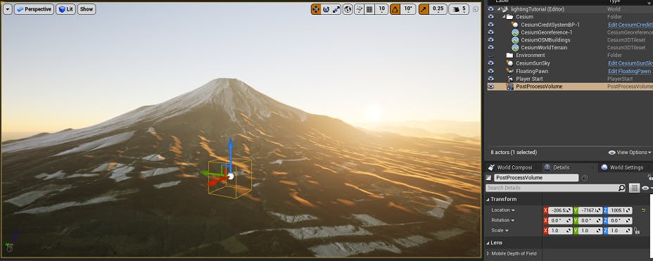 UE Editor with the Post Process Volume control displayed in front of Mt Fuji