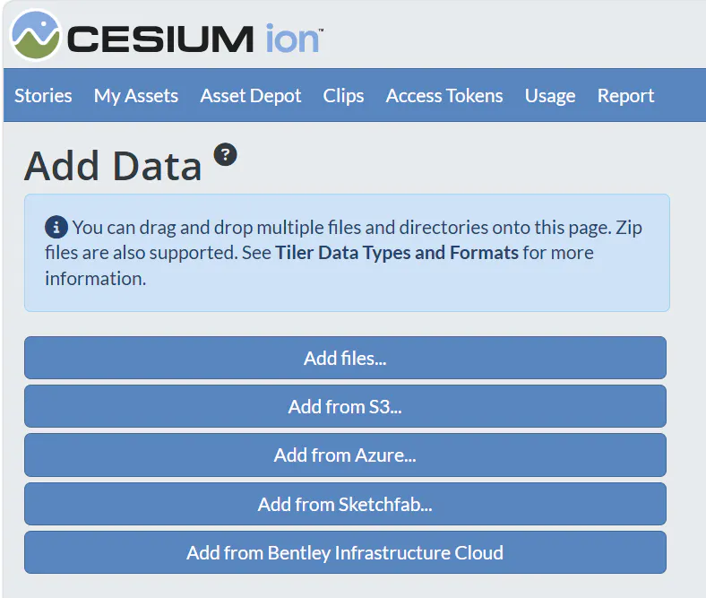 The add from Bentley Infrastructure Cloud option for adding data to Cesium ion