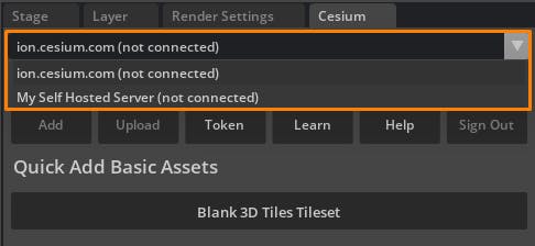 Cesium for Omniverse: Using Cesium ion Self-Hosted. Select the new server from the drop-down list on the Cesium panel. 