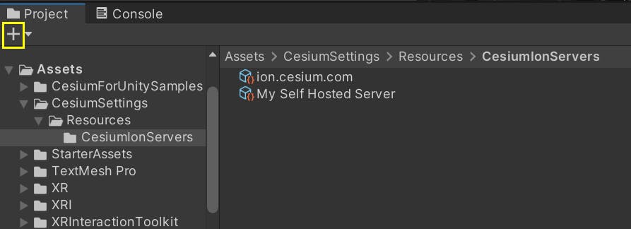 A screenshot of the Unity Project Browser opened on the CesiumIonServers folder and with the Add button highlighted.