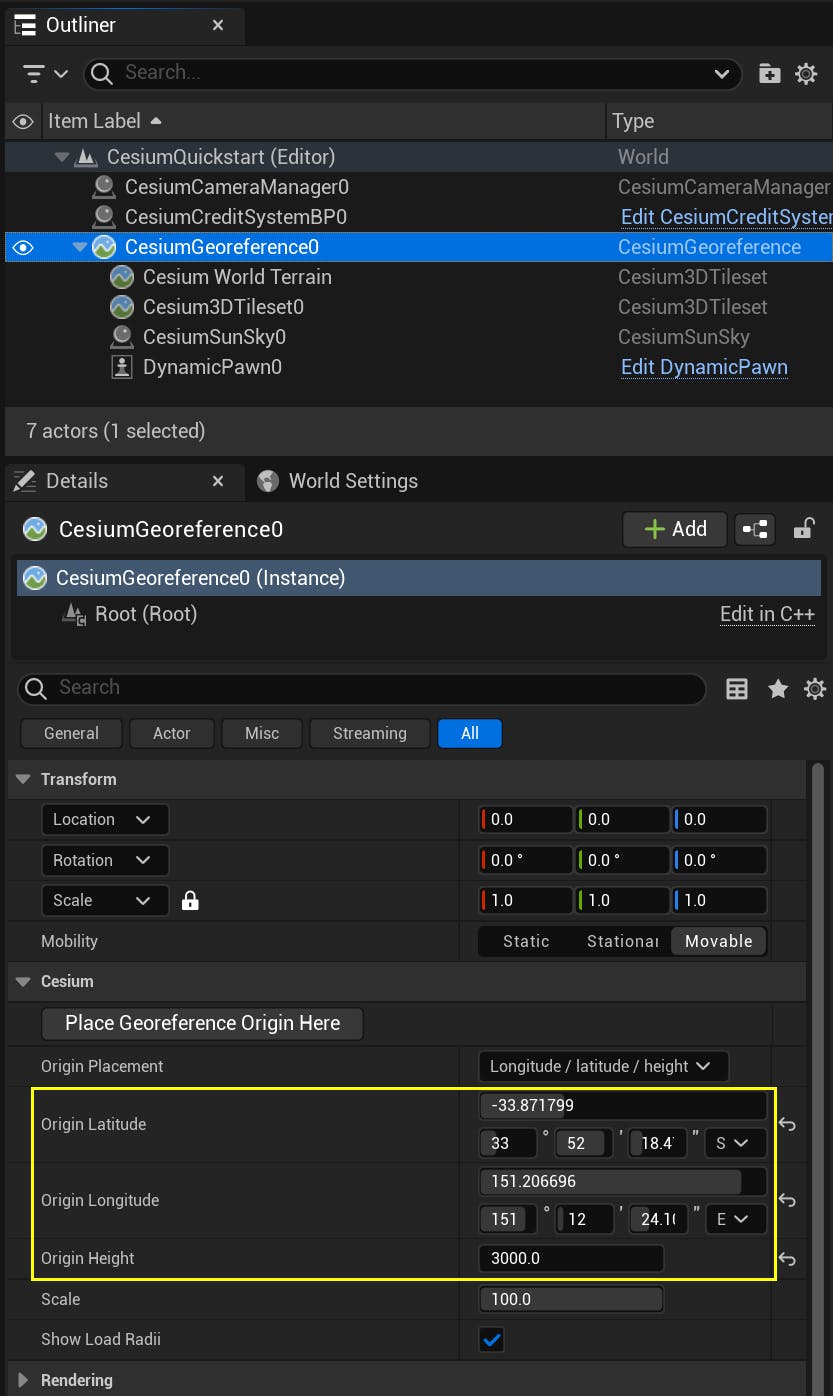 A screenshot showing the CesiumGeoreference, highlighting the origin properties set to the coordinates of Sydney, Australia.