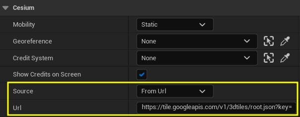 Select the Cesium3DTileset in the World Outliner to view its settings in the Details panel. Set the Source parameter to From Url, then paste the URL you constructed above into the Url field.