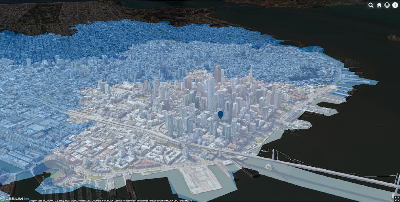 Starting location for travel time analysis marked on Photorealistic 3D Tiles.