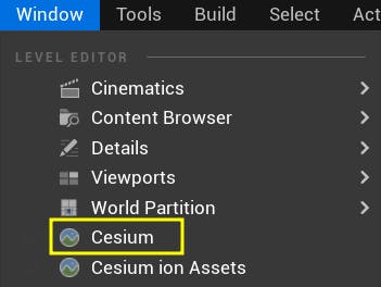 Open the Cesium panel by going to Window > Cesium.