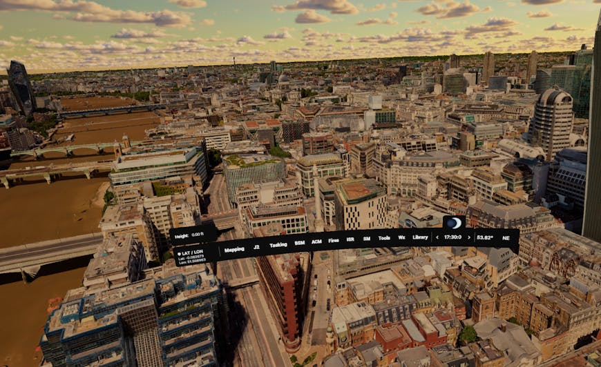 Defense planners can view operating areas in typical light and with predictive weather conditions. Pictured is London. Courtesy UK Royal Air Force.