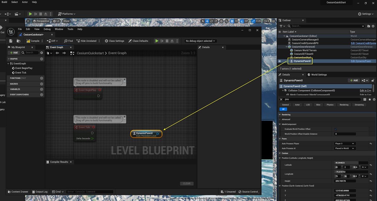 A screenshot highlighting the DynamicPawn in the Outliner with a yellow arrow indicating it should be dragged onto the canvas of the level blueprint.