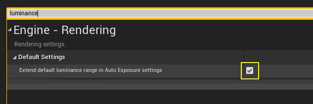 A screenshot of the Unreal Engine default luminance dialog