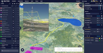 Pathfinder app by Gilytics showing solar plant siting on 3D terrain