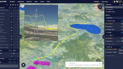 Pathfinder app by Gilytics showing solar plant siting on 3D terrain