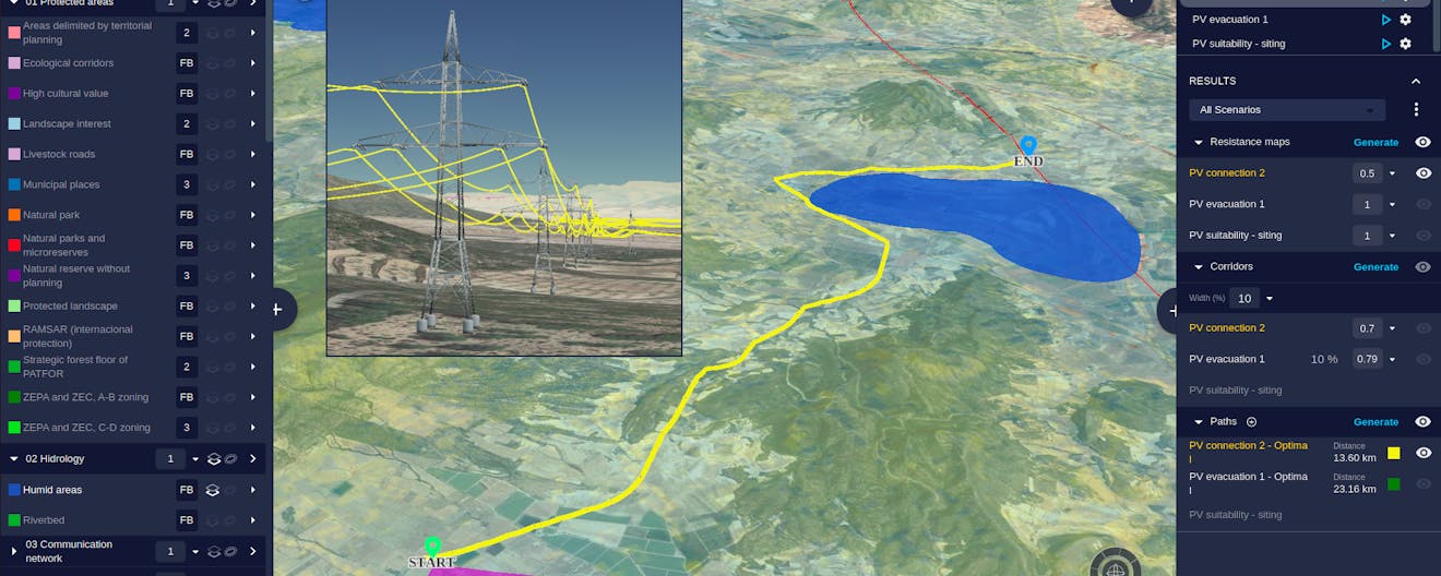 Pathfinder app by Gilytics showing solar plant siting on 3D terrain