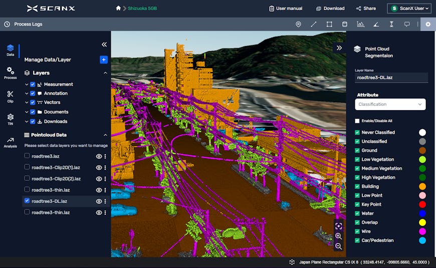 Point cloud of Shizuoka, Japan, with classifications including vegetation, cars, buildings, and power lines. Cesium World Terrain shows mountains just beyond the city.