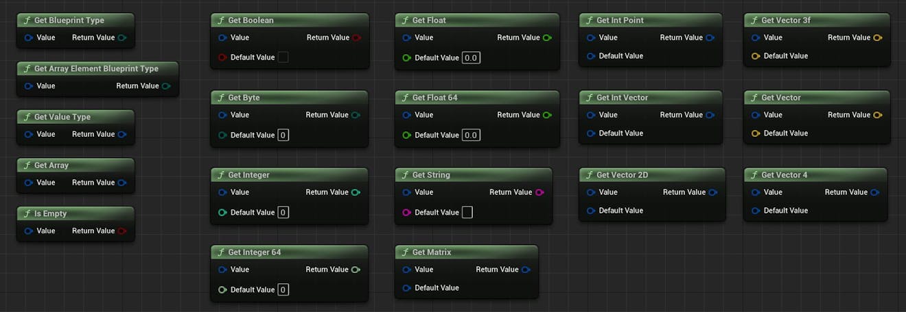 Cesium for Unreal tutorial: Upgrade to 2.0 Guide. Multiple Blueprints nodes demonstrating the entire CesiumMetadataValue API.