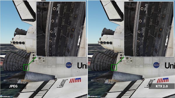 Visual comparison between 3D Tiles 1.1 tilesets using JPEG (Left) and KTX 2.0 (Right). Visual quality is preserved when using KTX 2.0 compression. Space Shuttle Discovery.