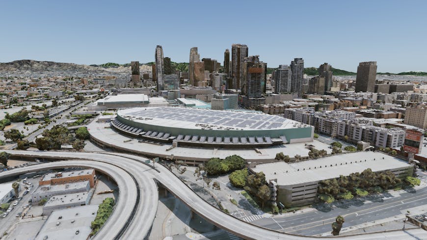 Screenshot looking over the Los Angeles Convention Center and city center. Los Angeles, CA, USA. Tileset provided by Aerometrex. Created with Cesium for O3DE. 