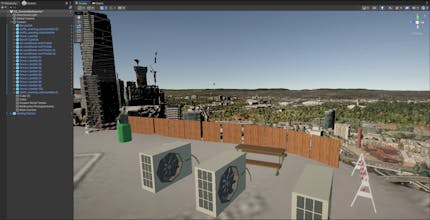 Melbourne rooftop in Cesium for Unity. Black buildings on the left side of the image, brown fencing in the middle, and tan fans in the foreground.