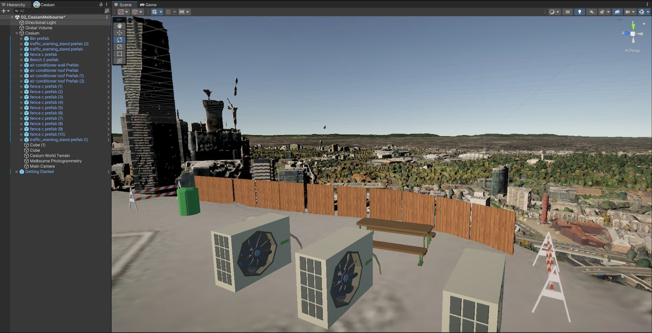 Melbourne rooftop in Cesium for Unity. Black buildings on the left side of the image, brown fencing in the middle, and tan fans in the foreground.