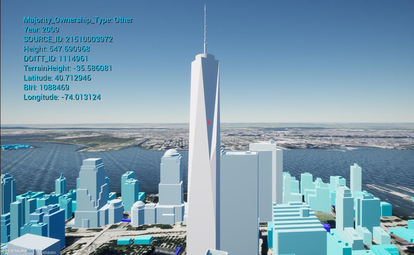 Cesium for Unreal tutorial: Visualize Mesh Features and Metadata. When you select a building with the mouse, you should see the metadata properties associated with that feature in the top left corner.