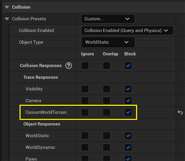 The collision settings on the Cesium World Terrain actor