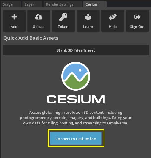 Cesium for Omniverse: connect to ion.