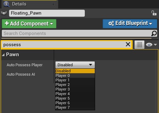 A screenshot of configuring the FloatingPawn in Unreal Engine