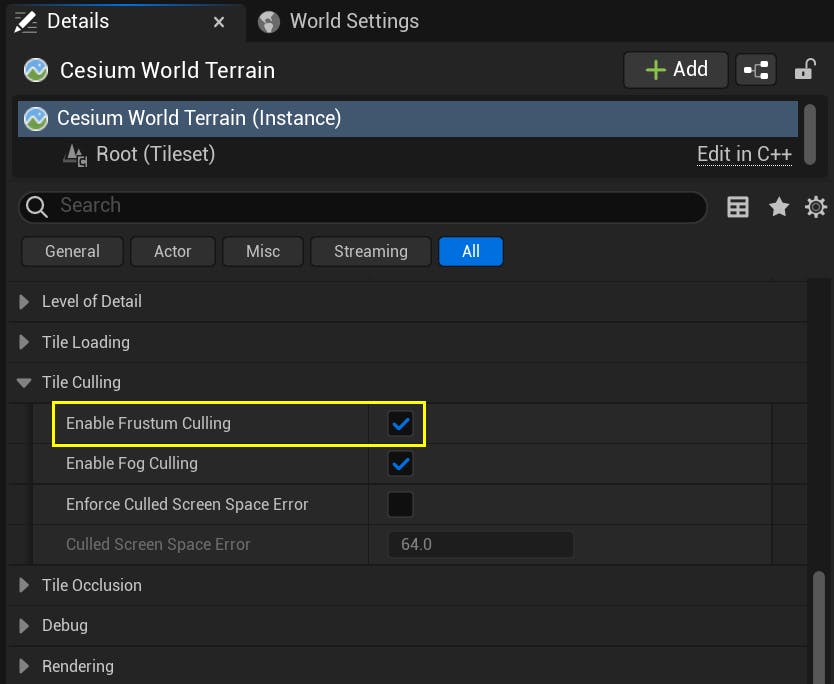 A screenshot highlighting the the "Enable Frustum Culling" option on the Cesium3DTileset's Details panel.