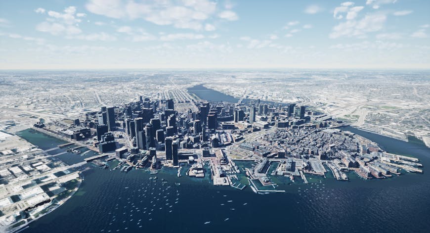 Boston aerial view with 3D models created by Nearmap; shown with Cesium for Unreal