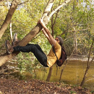 Daniel Krupka hangs from a tree. A creek is in the background.