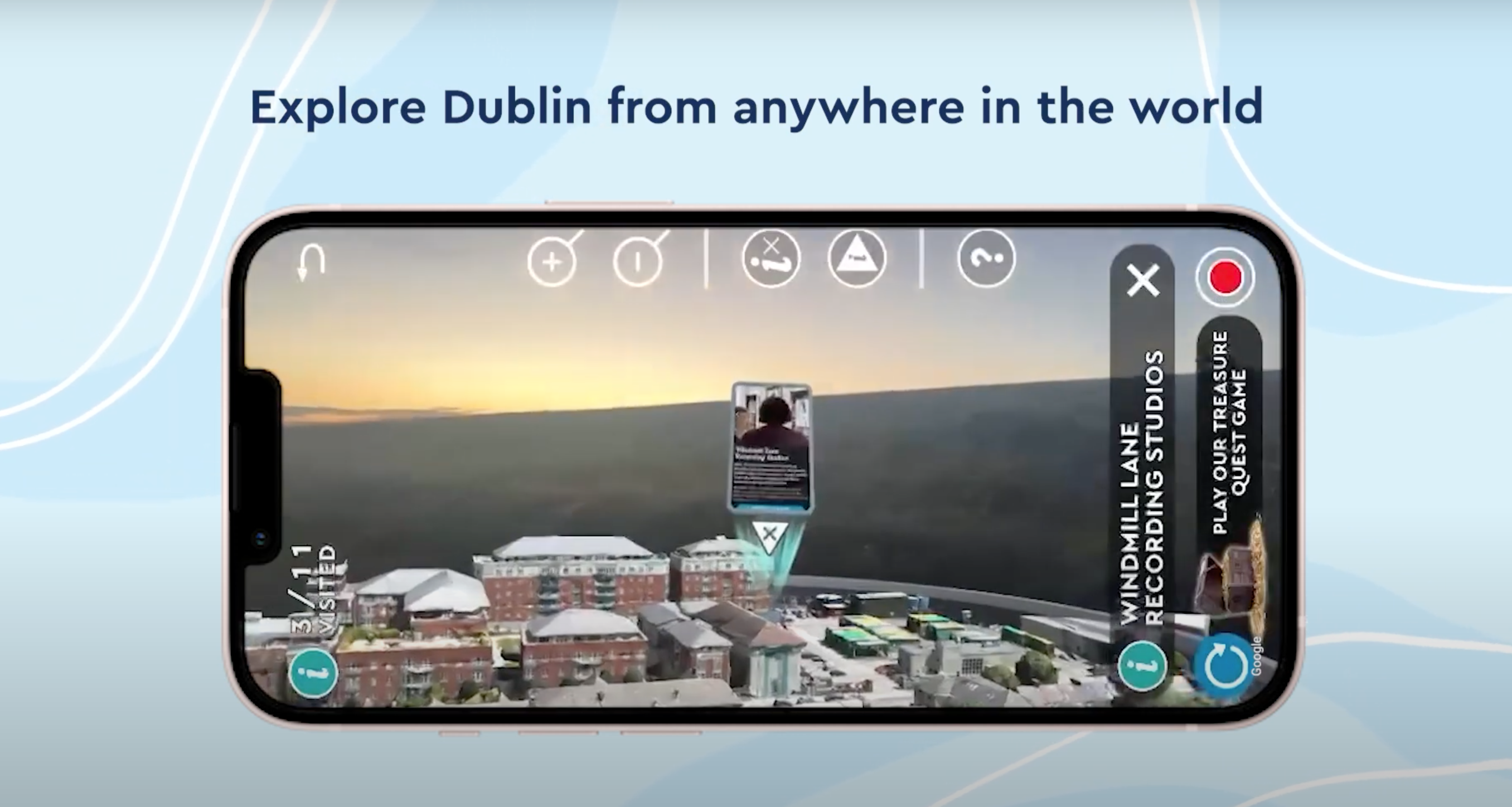 View of Windmill Lane Recording Studios as Photorealistic 3D Tiles in DiscovAR Dublin on a mobile device.