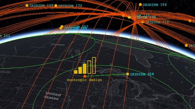 Screenshot of app in CesiumJS tracking Iridium satellites represented as yellow dots leaving red lines across the globe. 