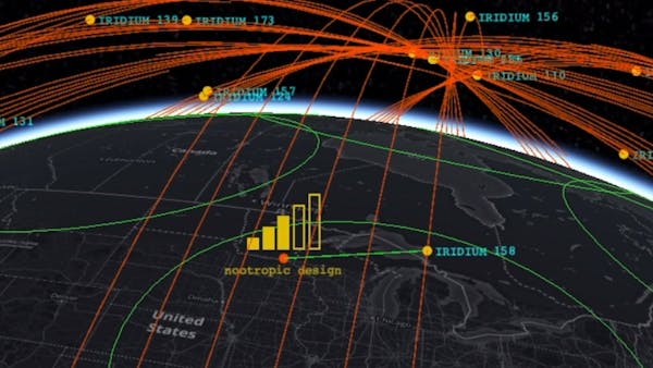 Screenshot of app in CesiumJS tracking Iridium satellites represented as yellow dots leaving red lines across the globe.