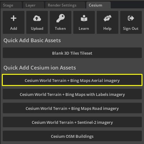 Add Cesium World Terrain + Bing Maps Aerial imagery.