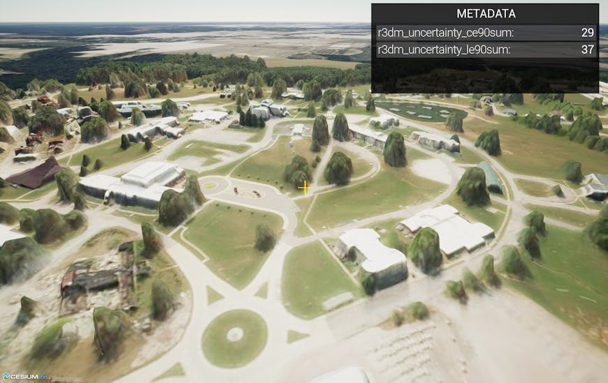 Example of metadata picking with property textures from the 3D Tiles 1.1 metadata extensions in Cesium for Unreal. Data provided by Maxar.