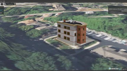 Real-world surroundings ensure stakeholders get the full picture. Image shows a three-story building and parking lot nestled in the hills of Pittsburgh, Pennsylvania, USA, visualized in Cesium for Omniverse. Courtesy UrsaLeo.