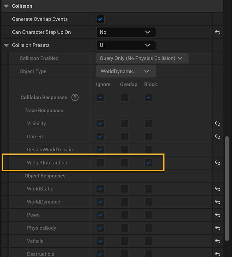 The collision settings of the widget component rendering the saved locations menu.