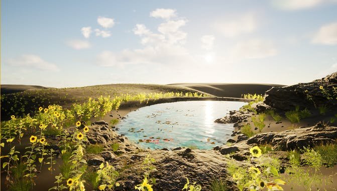 Sunflowers at the edge of a pond in Unreal Engine