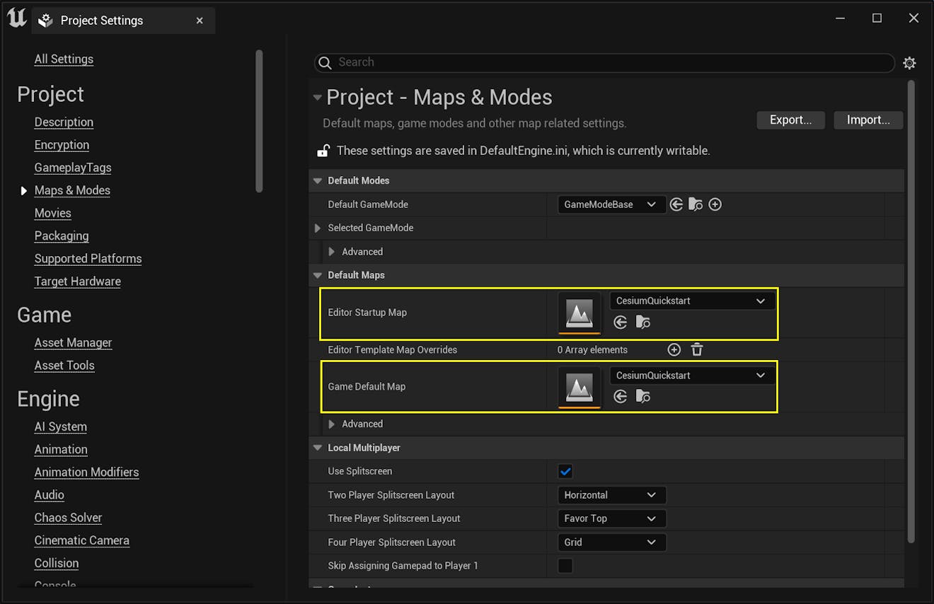 A screenshot of the "Editor Startup Map" and "Game Default Map" project settings.