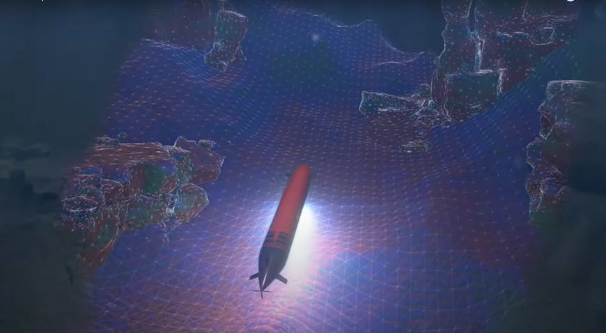 Orange autonomous underwater vehicle, shaped like a long cylinder with fins and propellers, scans the ocean floor to create a digital 3D model.