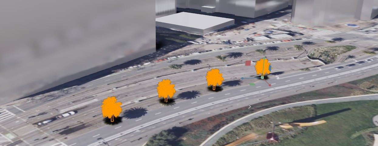 Cesium for Omniverse tutorial: Placing Objects on the Globe. Four palm trees with Cesium Globe Anchors should be placed on the stage using the latitude, longitude, and height specified in the script.