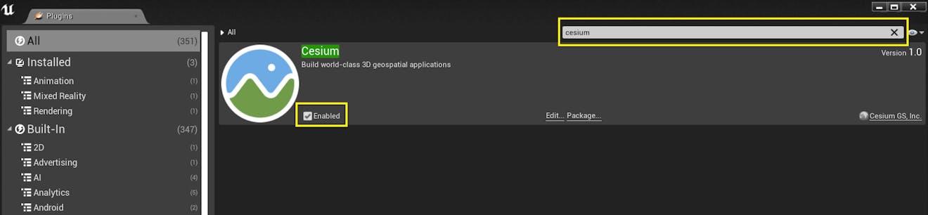 A screenshot of the "enabled" checkbox for the Cesium for Unreal plugin 