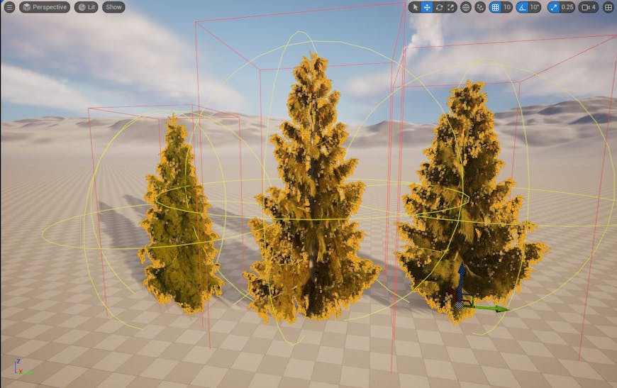 Fig 1.2: Trees with bounding spheres (yellow)  and bounding boxes (red) are shown. Note that the bounding spheres are generally less tightly fitting than bounding boxes. Unreal Engine uses axis-aligned bounding boxes for occlusion culling.