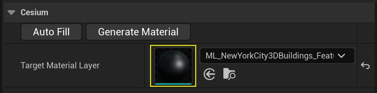 Cesium for Unreal tutorial: Visualize Mesh Features and Metadata. Click Generate Material to create a material layer corresponding to the listed features and metadata properties.