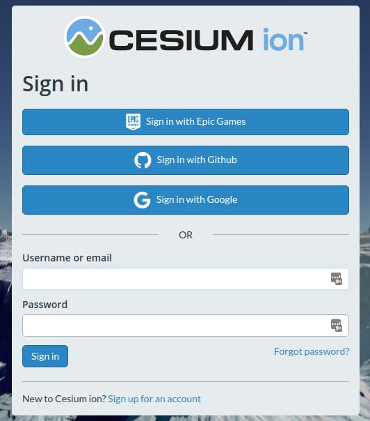 Sign In To Cesium Ion With Your Google Github Or Epic Games Account Cesium